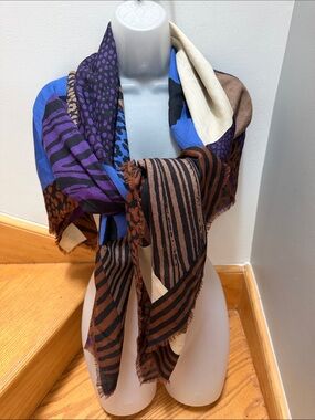 VTG KRIZIA Made in Italy Wool Blend Patchwork Scarf Panther Rose Leopard